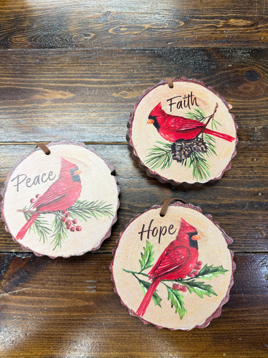 Wood Chunk Peace Love Hope Cardinal Ornament