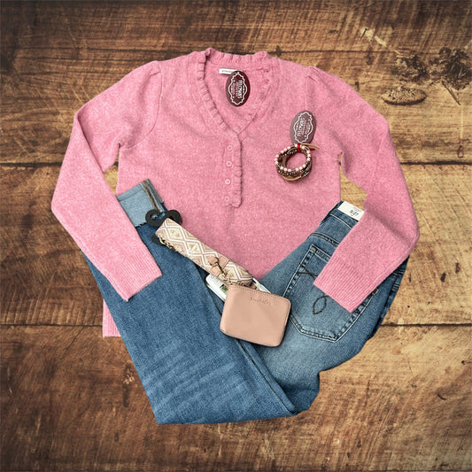 Pink Ruffle Henley Sweater