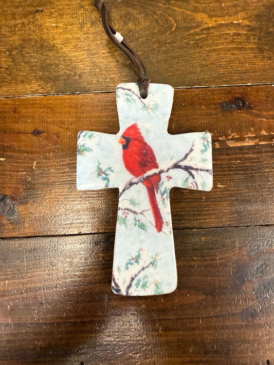 Wooden Cardinal Cross Ornament