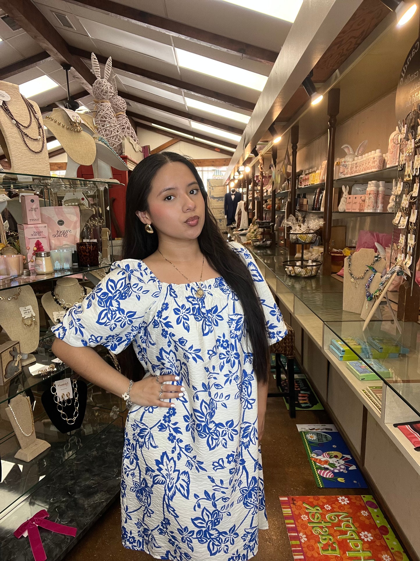 Blue & White Bubble Sleeve Floral Dress