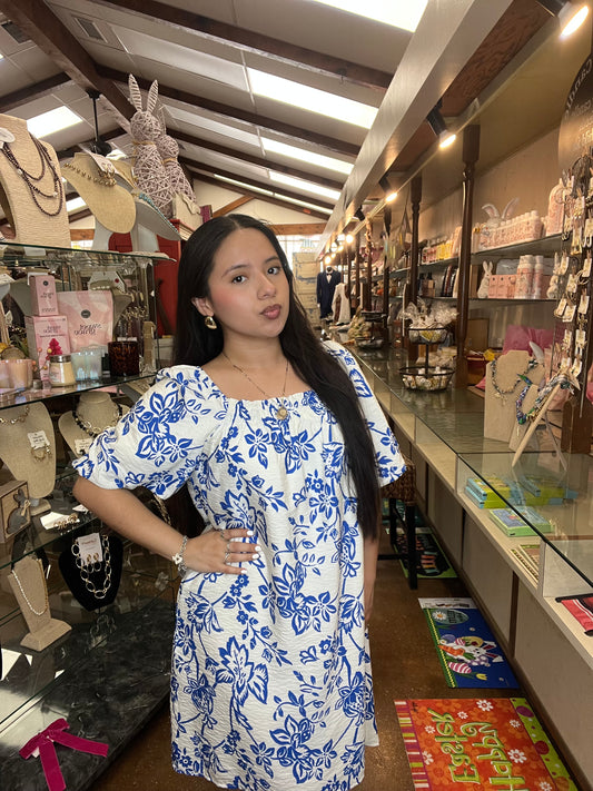 Blue & White Bubble Sleeve Floral Dress