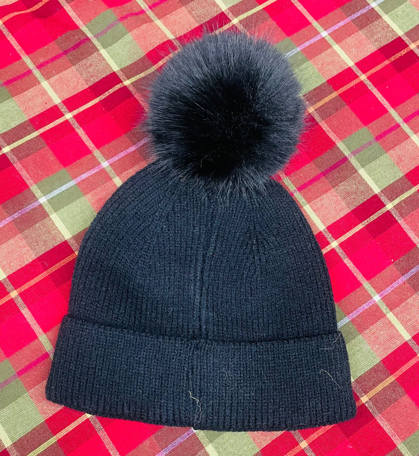 Plain Knit Beanie with Fuzzy Pom