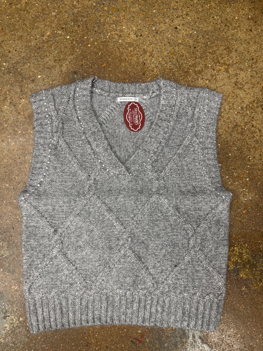 Grey Rib Finished Cable Sweater Vest With Studs