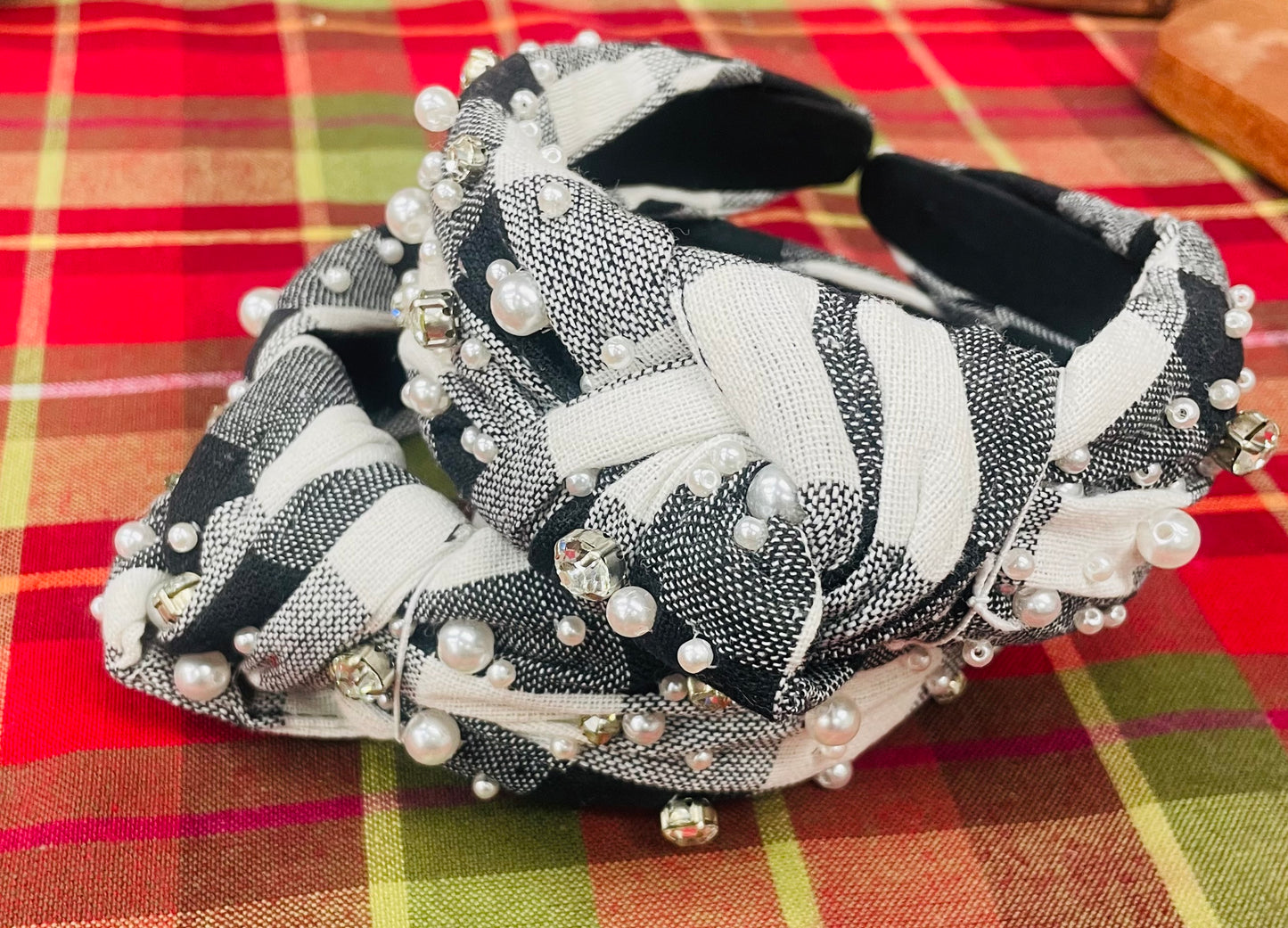 Black/White Plaid Headband With Pearls & Gems