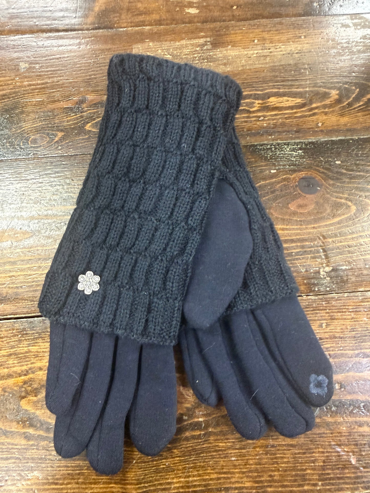 Black Knitted Gloves With Flower Gem