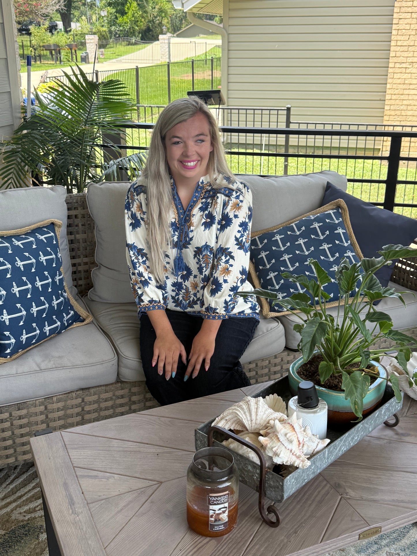 Royal Blue/Cream Tassel Blouse