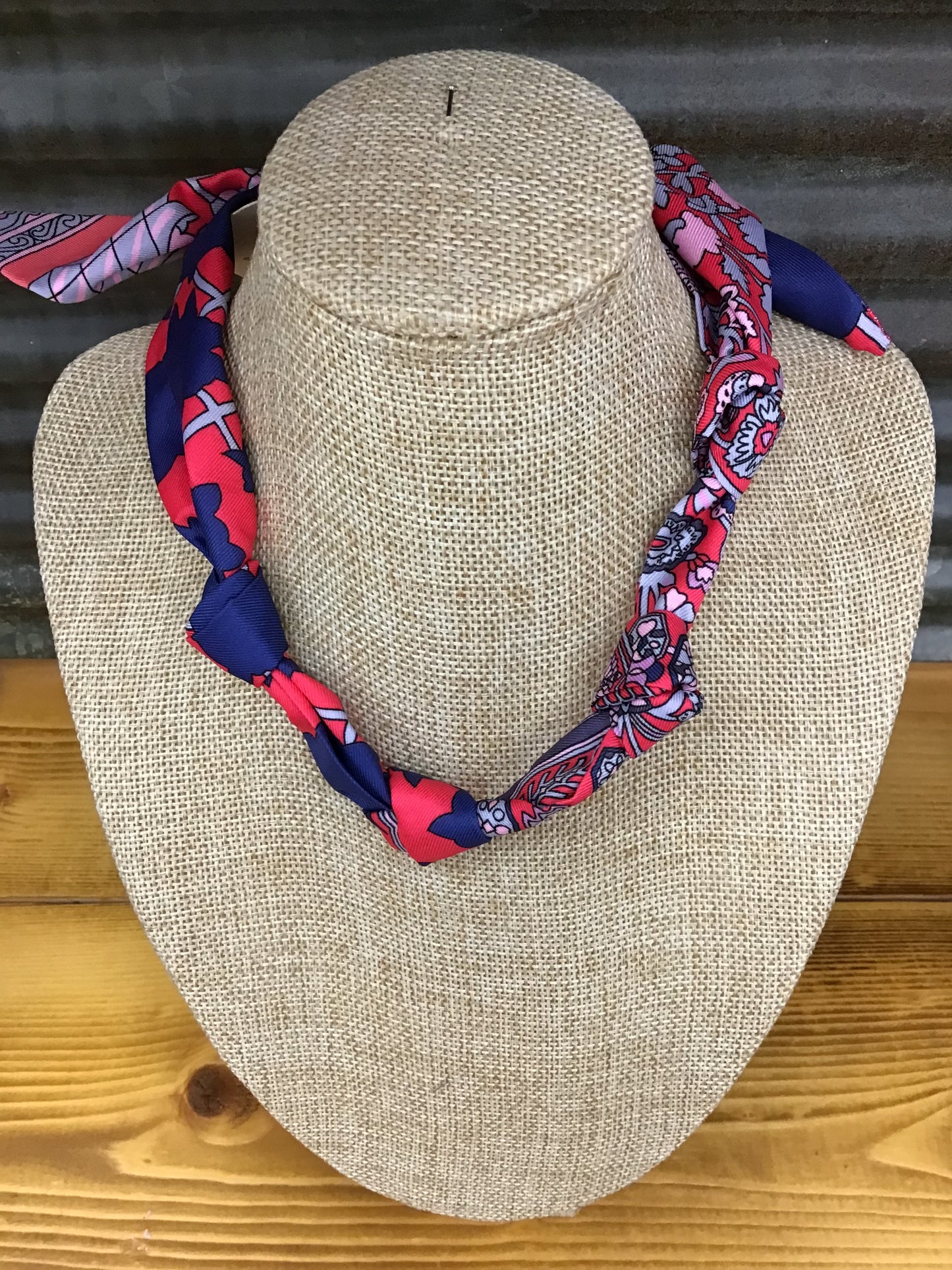 Hot Pink and Blue Knotted Scarf Necklace