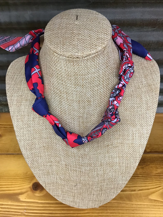 Hot Pink and Blue Knotted Scarf Necklace