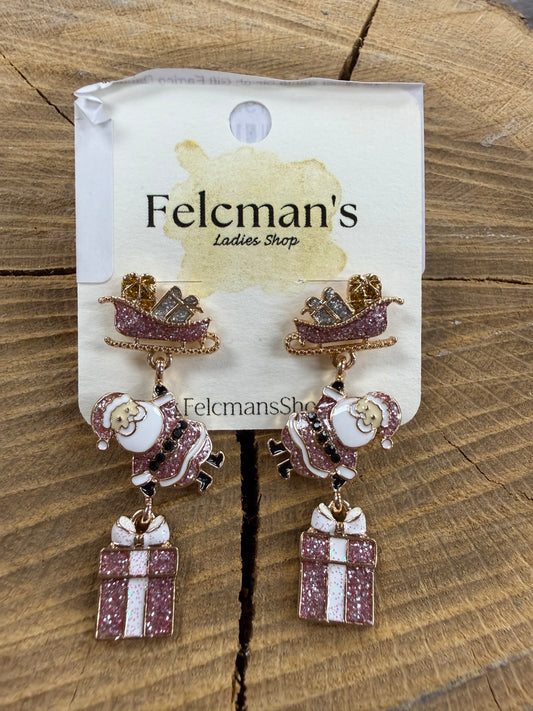 Pink Glitter Santa,Sleigh,Gift Earring Dangles