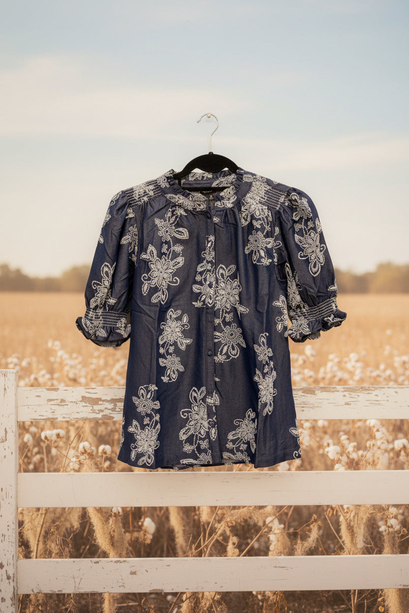 Textured Floral Print Chambray Button Down Top