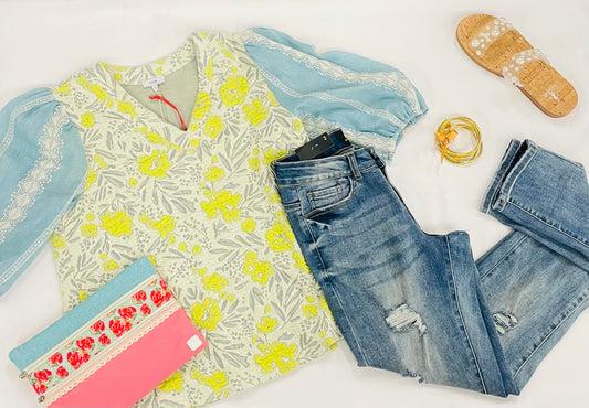 Multi Print Puff Sleeve Knit Top