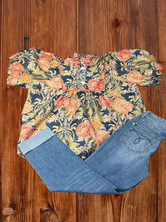 Navy Mix Floral Puff Blouse