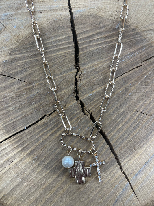 Gold Rhinestone Cross Charm Necklace