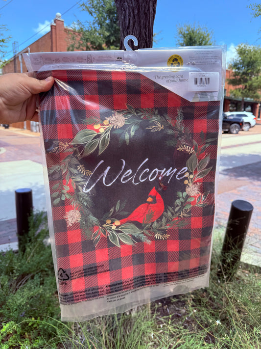 Welcoming Cardinal Wreath Burlap Flag
