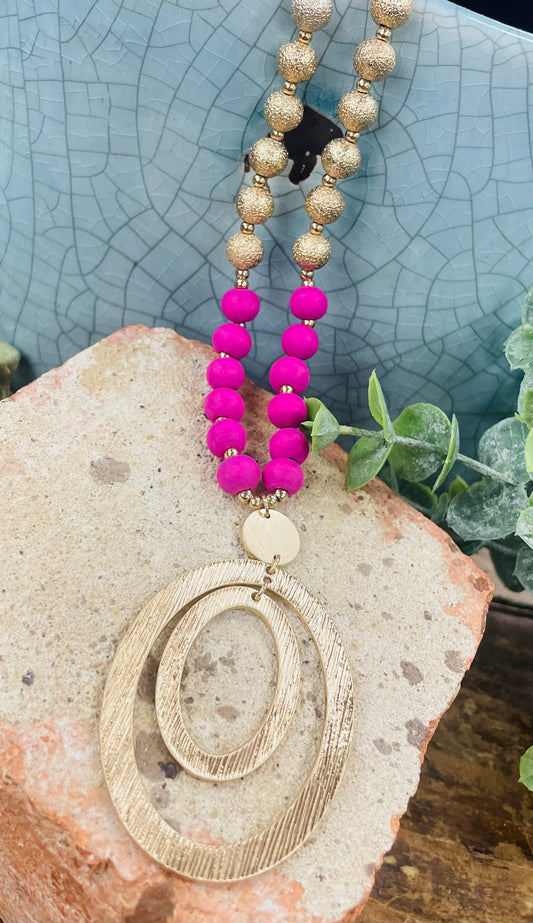 Hot Pink & Gold Beaded Necklace