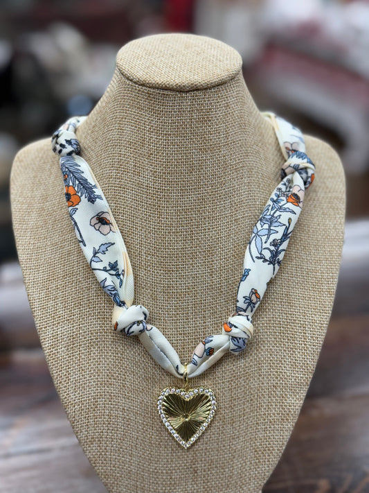 Cream and Blue Knotted Scarf Necklace with Heart Charm