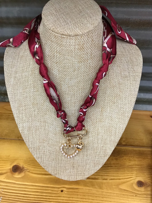 Silk Red Multi with Heart Charm Scarf Necklace