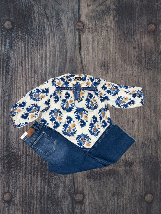 Royal Blue/Cream Tassel Blouse