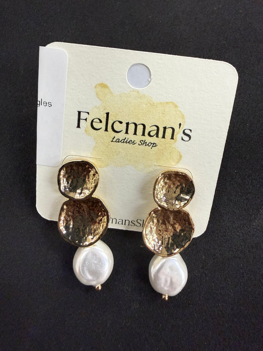 Hammered Gold Coin Freshwater Pearl Dangles