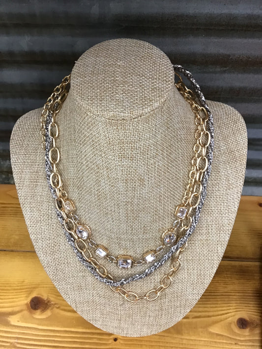 Gold and Silver Textured with Clear Crystal Necklace