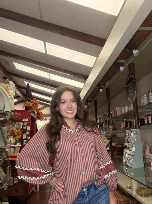 Burgundy & Cream Striped Bubble Sleeve Blouse