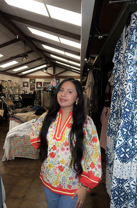 Orange Trim Floral Blouse