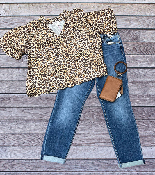 Bubble Sleeve Cheetah Print Blouse