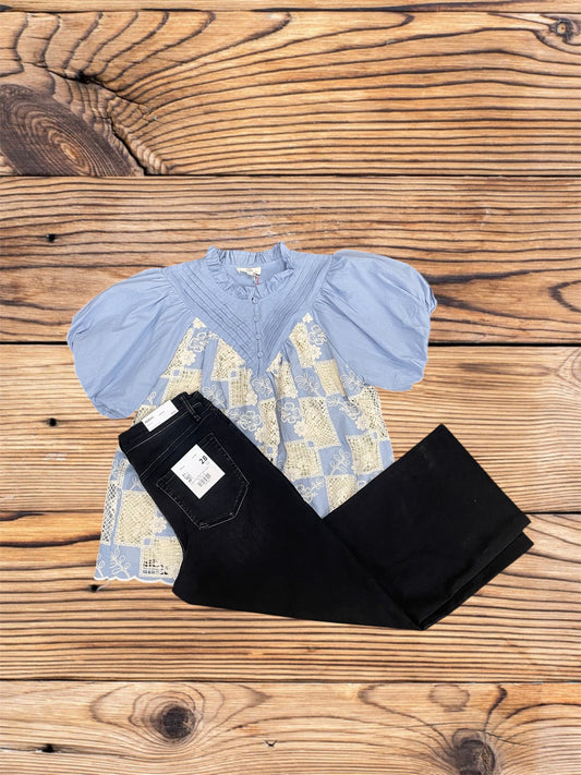 Denim/Lace Patches With Puff Sleeves