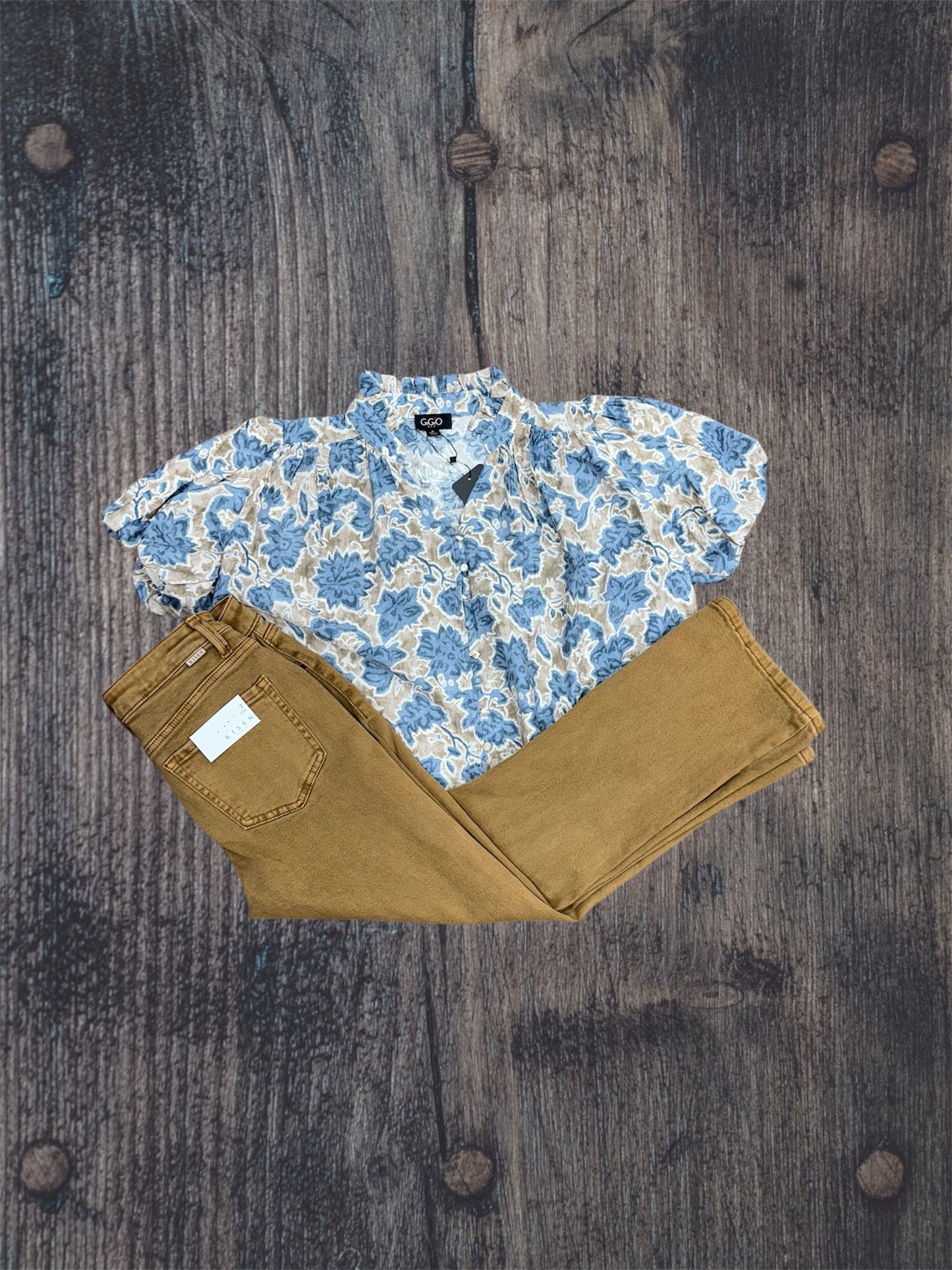 Blue Fall Print Puff Sleeve Blouse