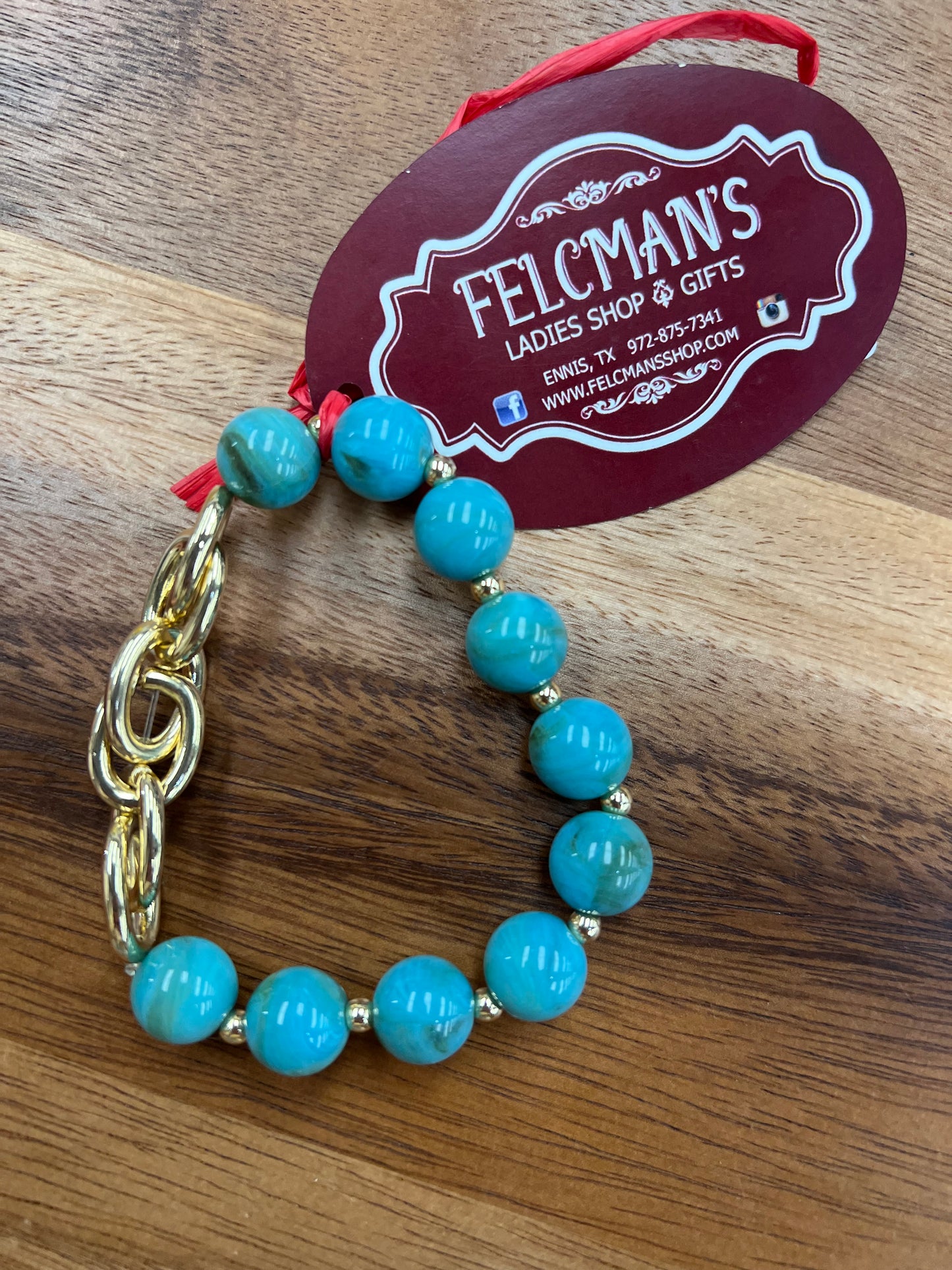 Turquoise Beaded With Gold Chain Bracelet