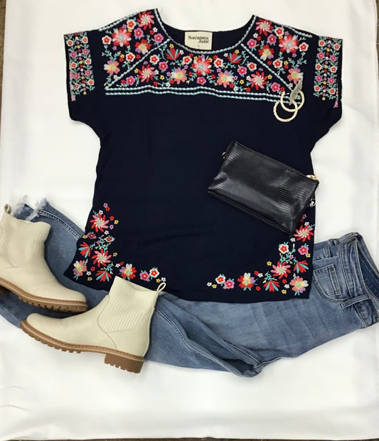 Navy Floral Embroidery Blouse