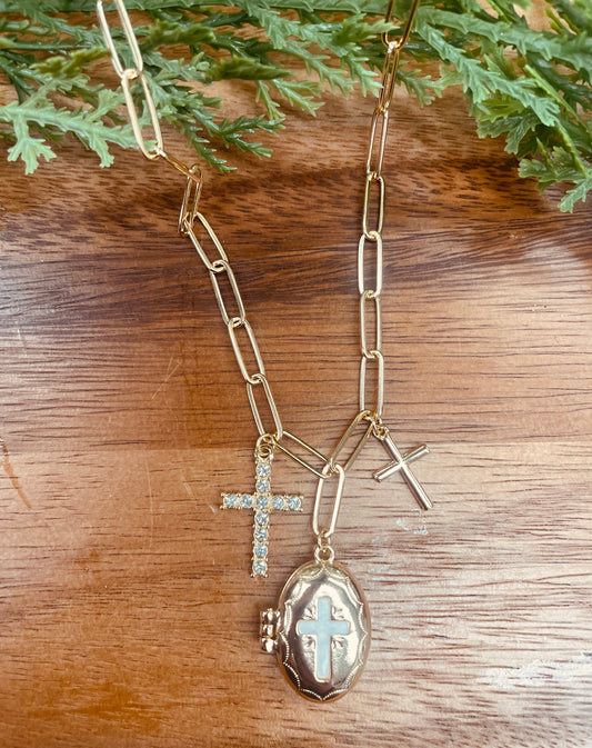 Gold/Pearl Beaded Cross Necklace