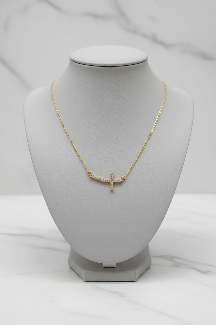 Gold Crystal Curved Cross Necklace