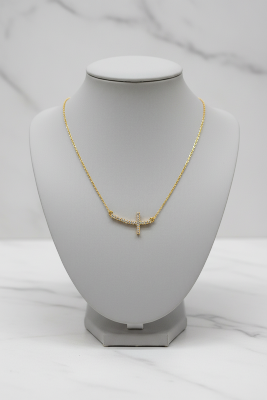 Gold Crystal Curved Cross Necklace