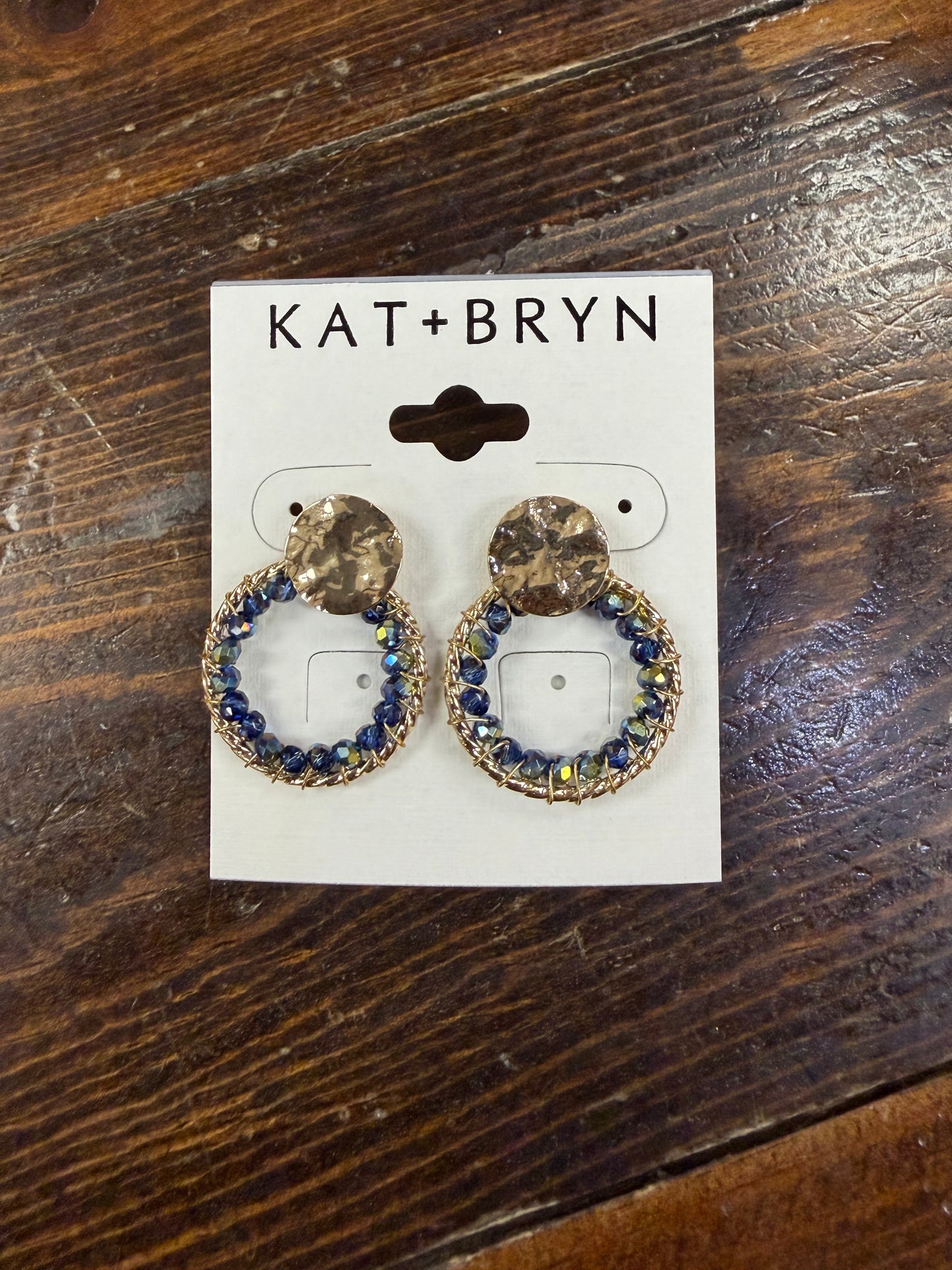 Blue Beaded Gold Hoop Earrings