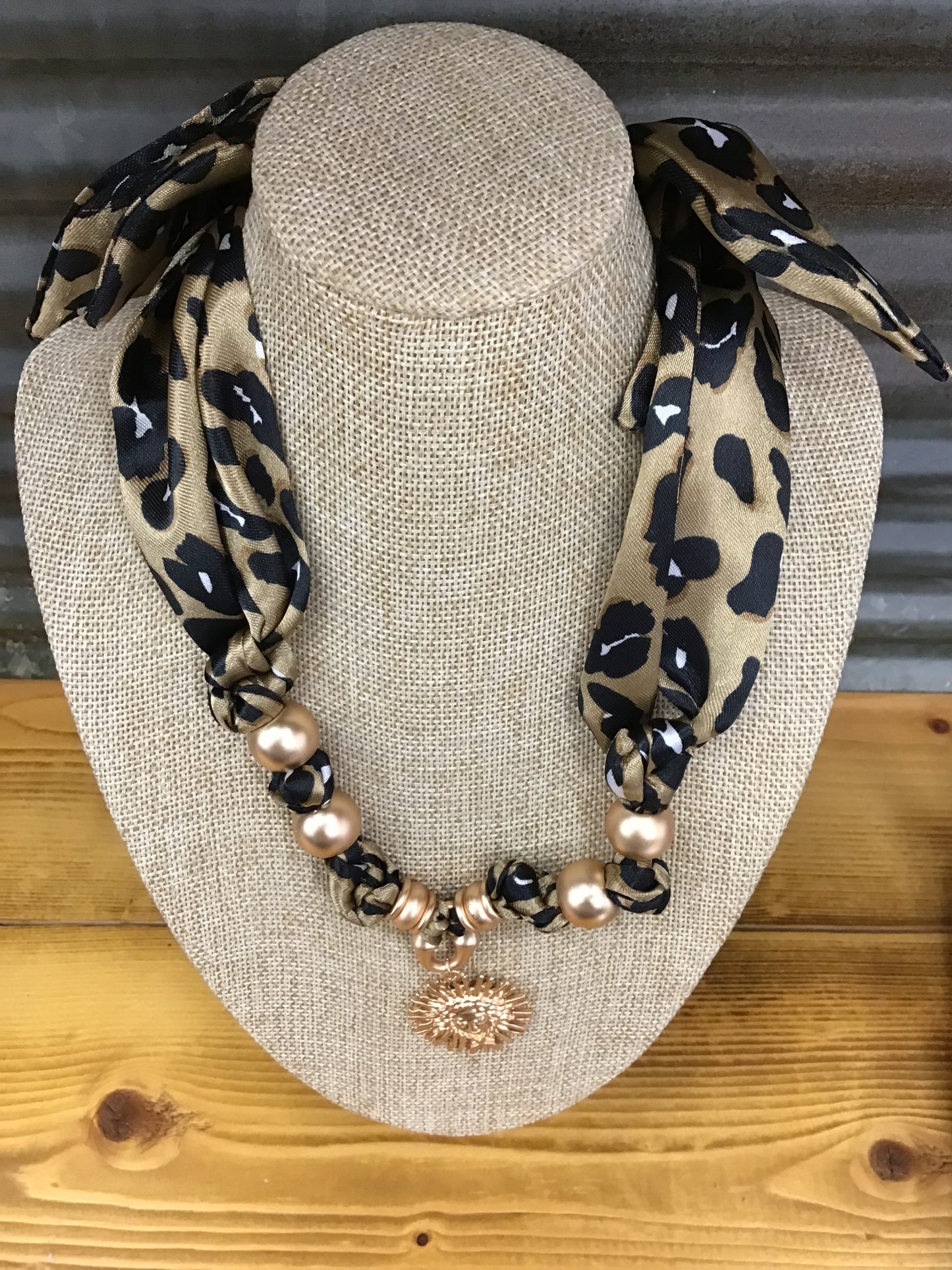 Silk Cheetah Print Scarf Necklace with Gold Sunburst Charm