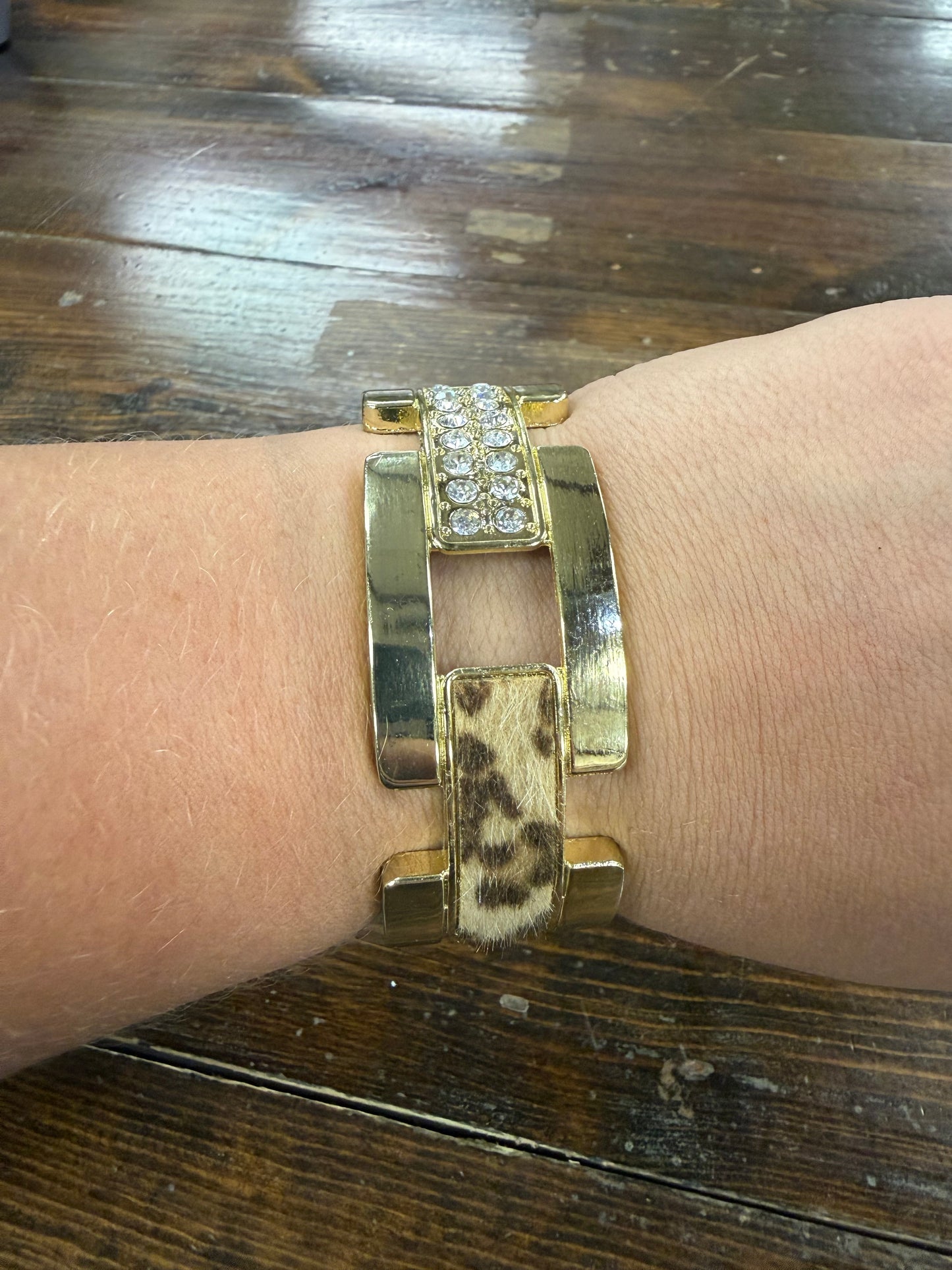 Thick Gold Chain Clip Bracelet With Cheetah & Crystals