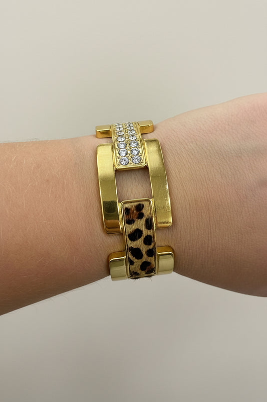 Thick Gold Chain Clip Bracelet With Cheetah & Crystals