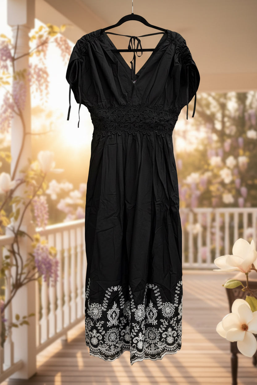 Woven Embroidered Button Down Shirt Midi Dress