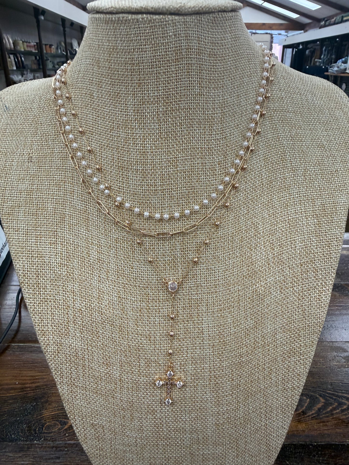 Gold/Silver Pearl Cross Necklace
