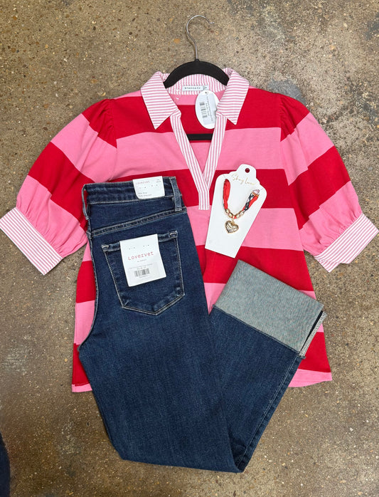 Puff Sleeve Striped Rugby Polo