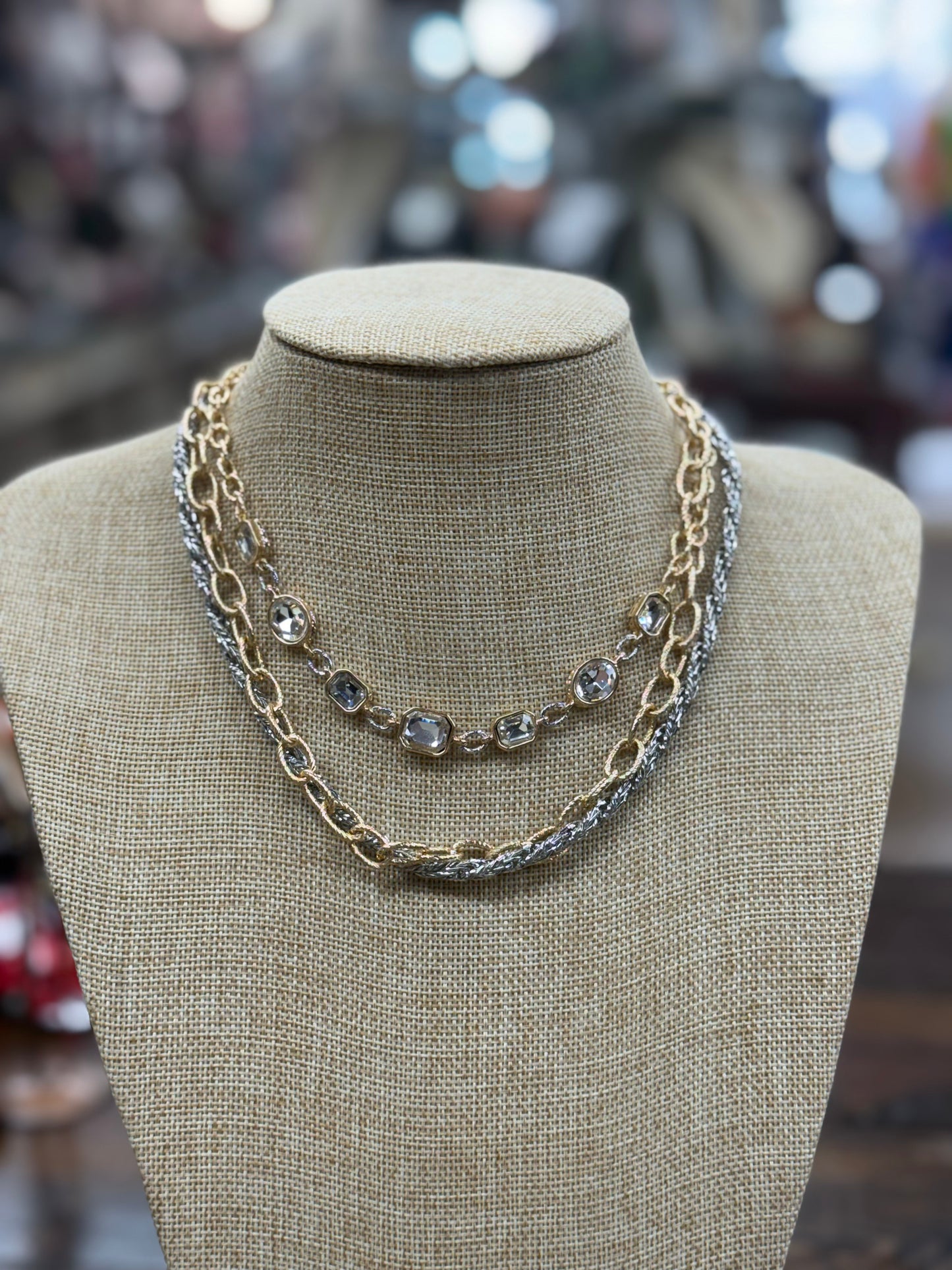 Gold/Silver Layered Chain Crystal Necklace