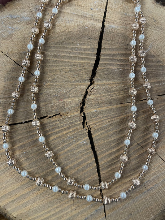 Long Textured Gold Pearl Necklace