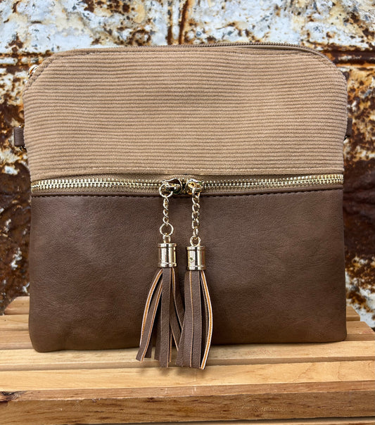 Two Toned Corduroy Crossbody Khaki/Brown