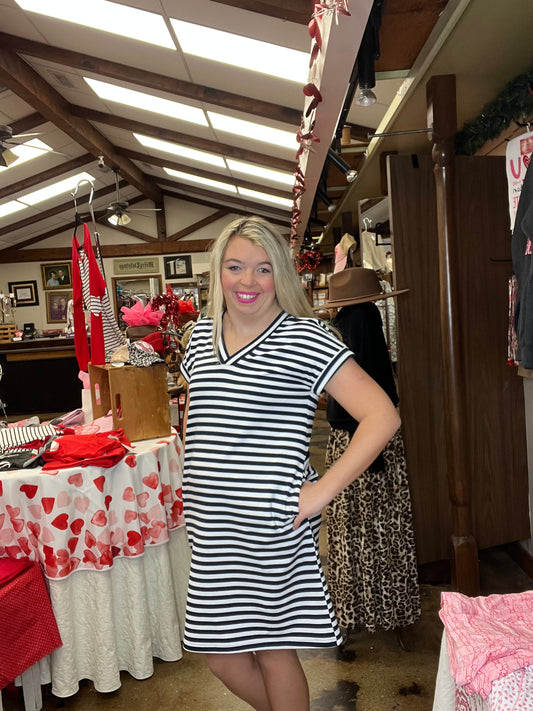 Navy/White Striped V-Neck Dress