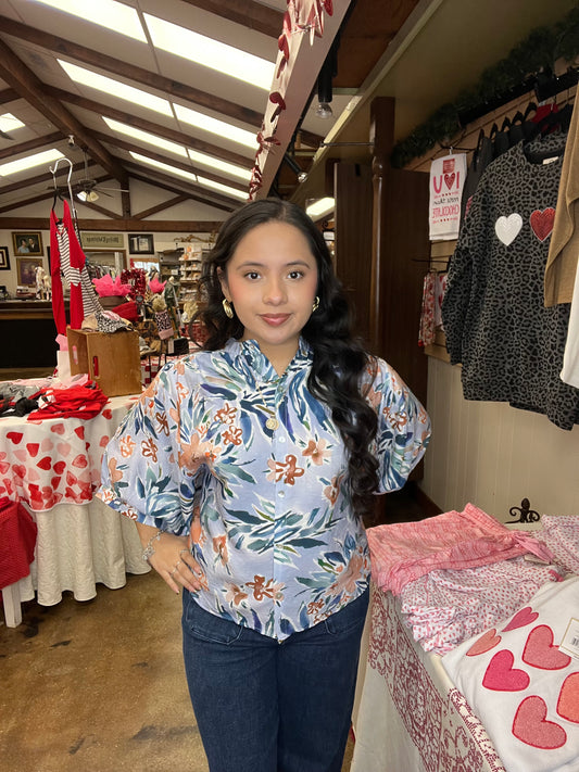 Blueberry/Peach Floral Button Down Blouse