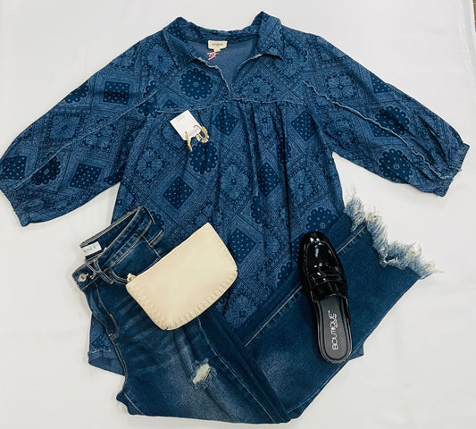 Dark Denim Paisley Tunic Dress