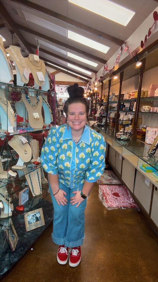 Light Blue Button Up With Yellow Flowers