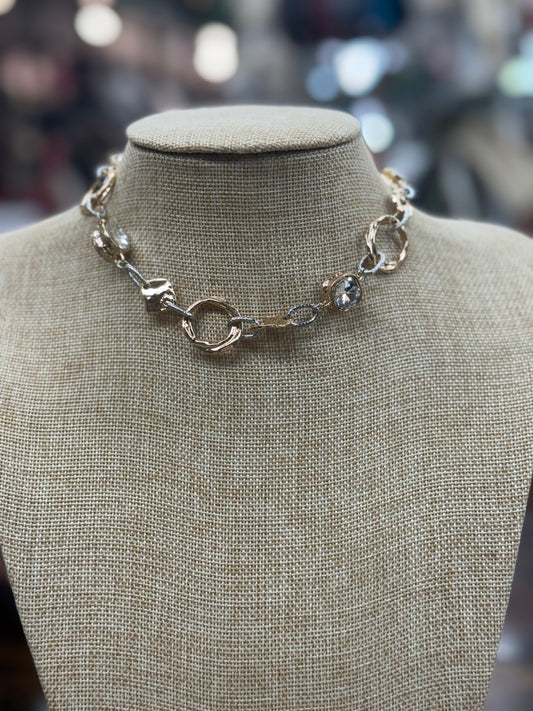 Gold/Silver Two Toned Textured Necklace With Clear Gem Stones