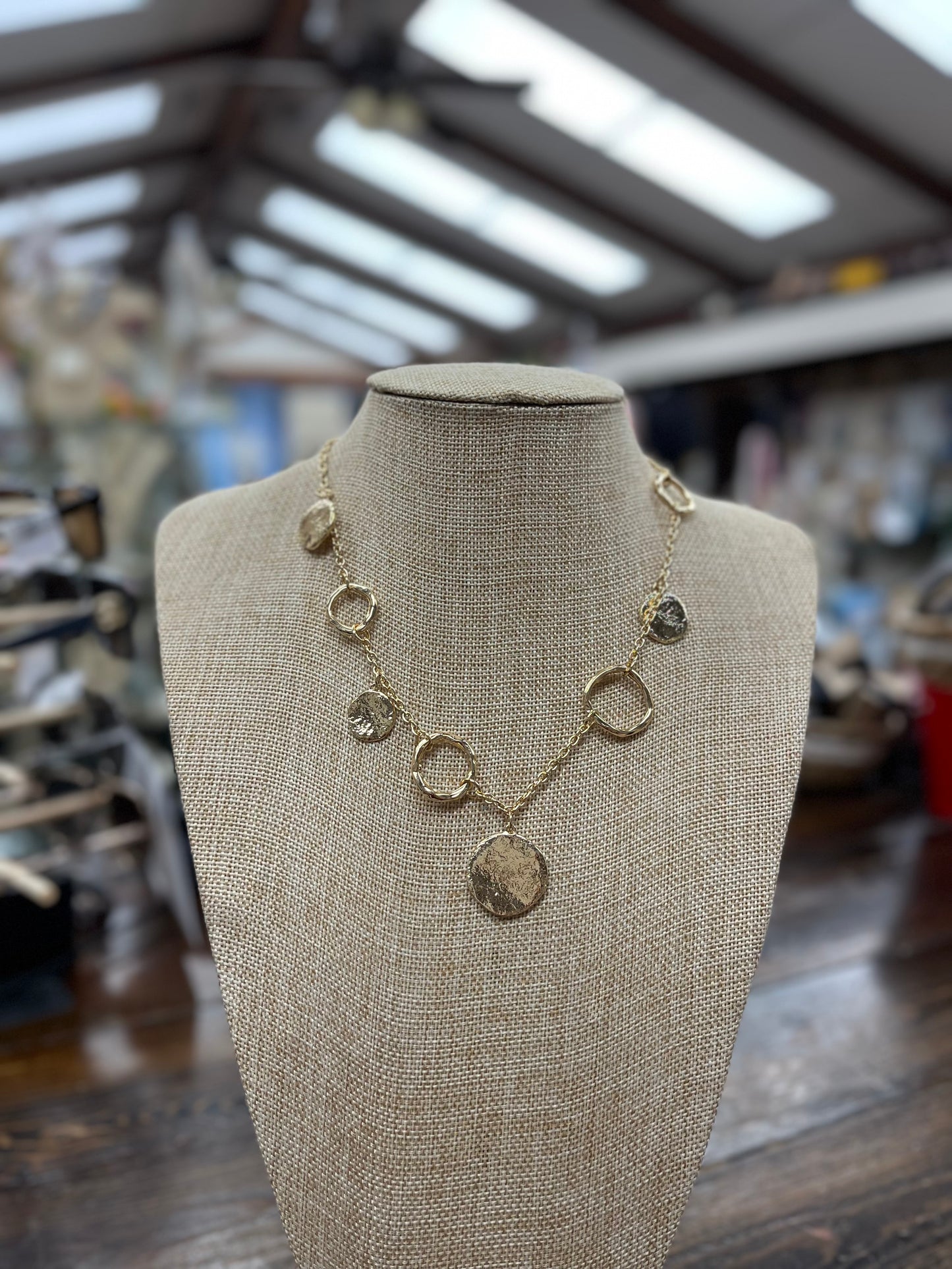 Gold Opened Hammered Circle and Gold Coin Necklace